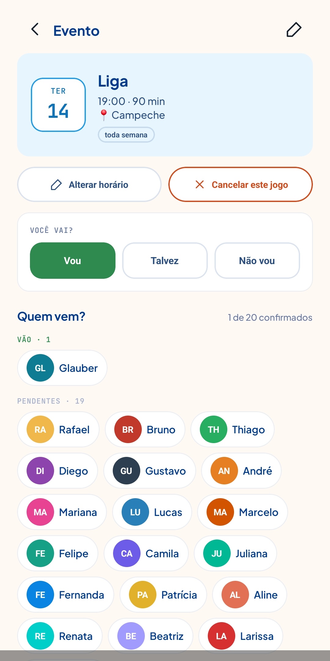 Confirmação de presença em um evento no FTV4Ever